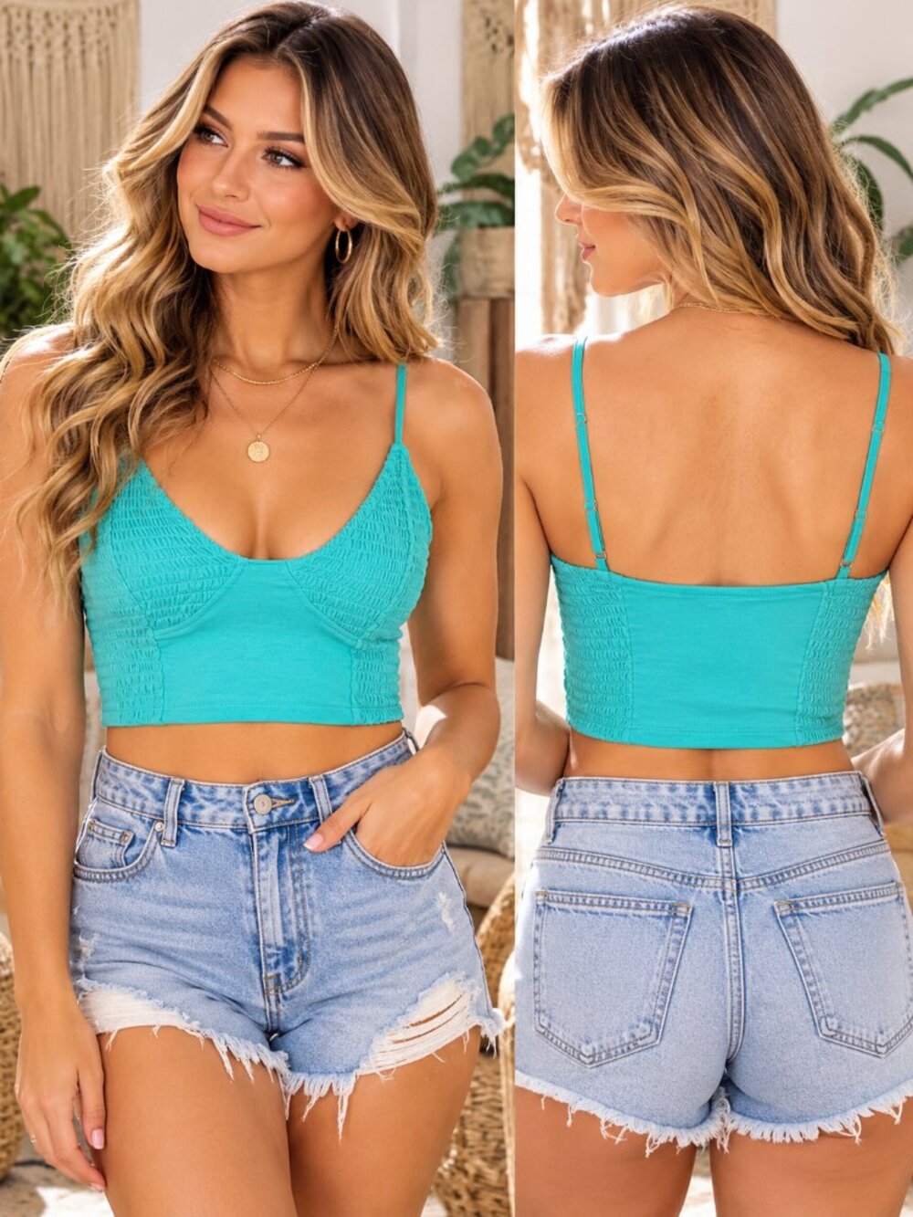 ZENANA Turquoise Smocked Bralette Crop Top Stretch Large
